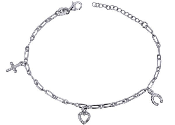 S/S 19cm Charm Bracelet With White Cz Cross, Open Heart & Horseshoe