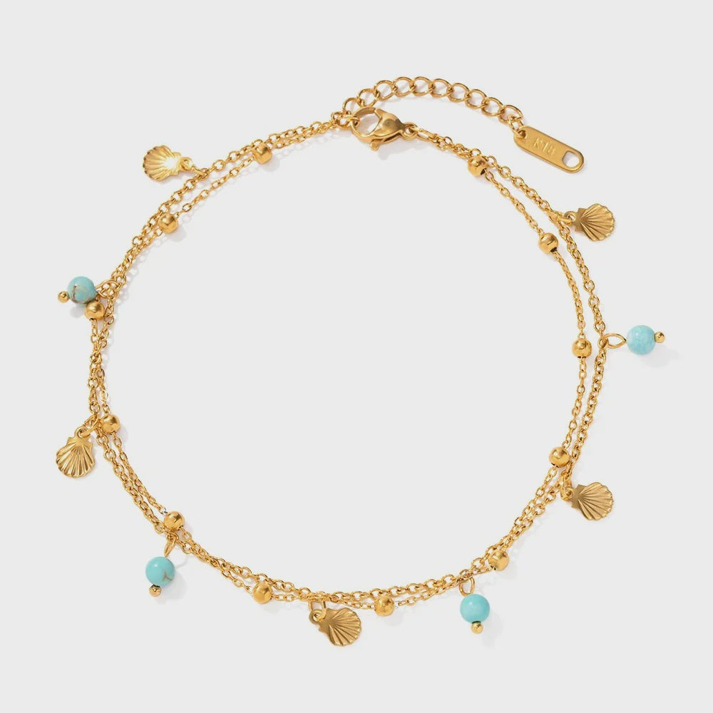 Boho & Mala Double 18K Gold / Stainless Steel Anklet Turquoise Stone