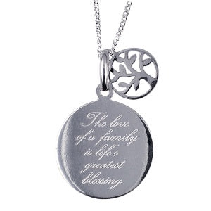 S/S ‘The Love Of A Family Is Life’s Greatest Blessing’ Disc Pendant With ‘Tree Of Life’ / 40cm Chain + 5cm Extender