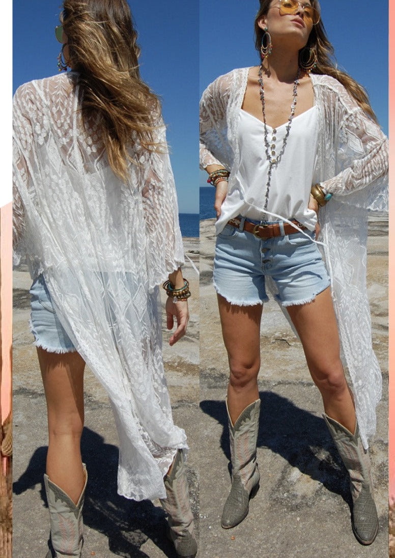 Neon White Summer Lace Up Diamond Embroided Kimono