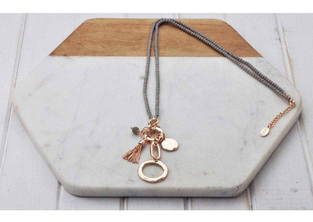LillyCo Rose Grey Crystal/Ring/Tassel Necklace