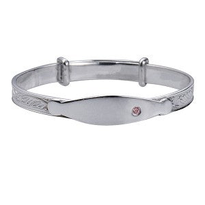 S/S Childs Engraved Expanding Bangle with ID Plate and Pink Cz