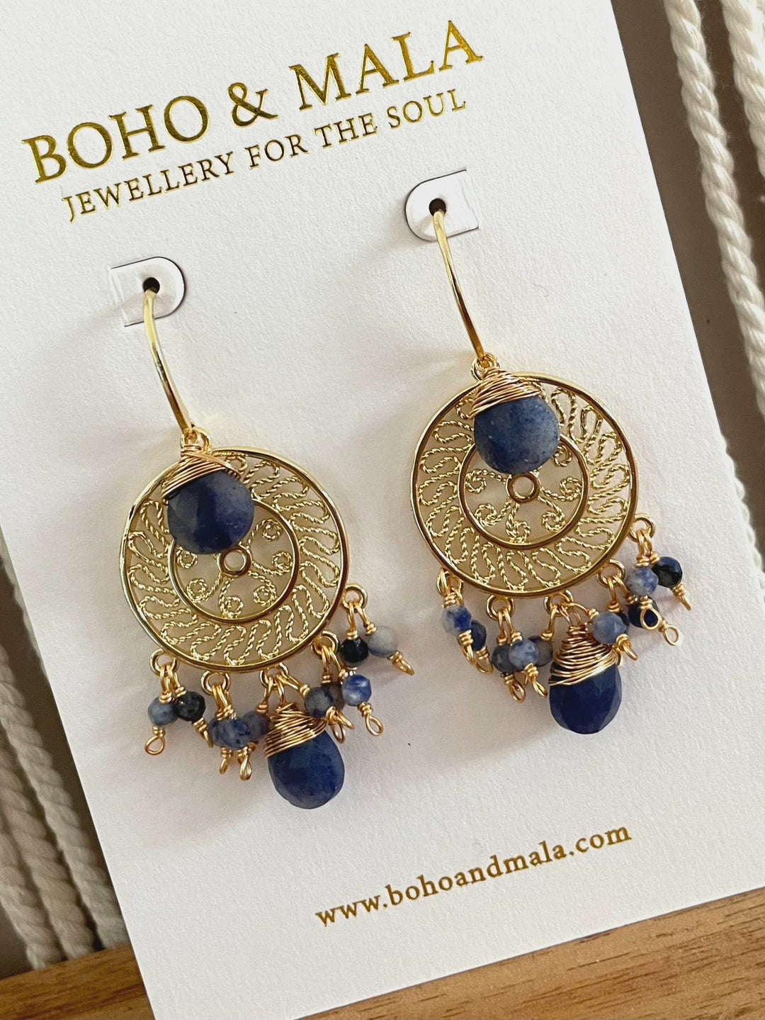 Boho & Mala Dark Blue Natural Stone Dreamcatcher Gold Plated Drop Earrings