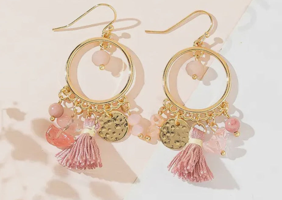 Boho & Mala Pink & Gold Crystal Tassel Drop Light Earrings