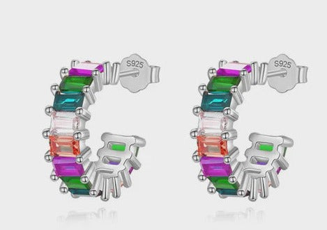 Boho & Mala Multi Colour Cubic Zirconia Sterling Silver Huggie Hoop Earrings