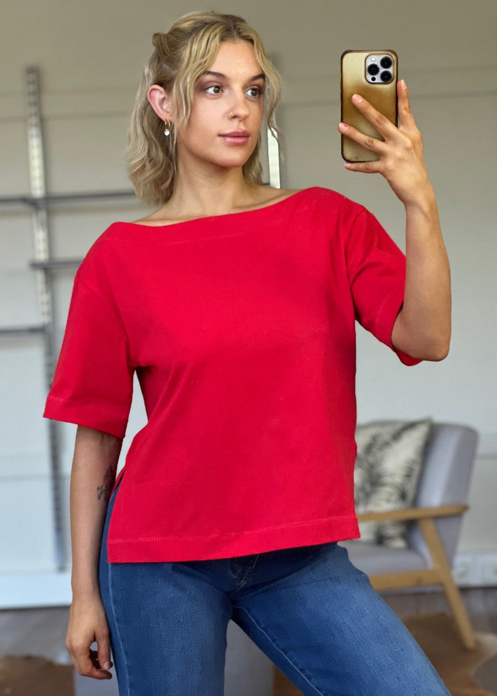 Jenna Boat Neck Tee  Red