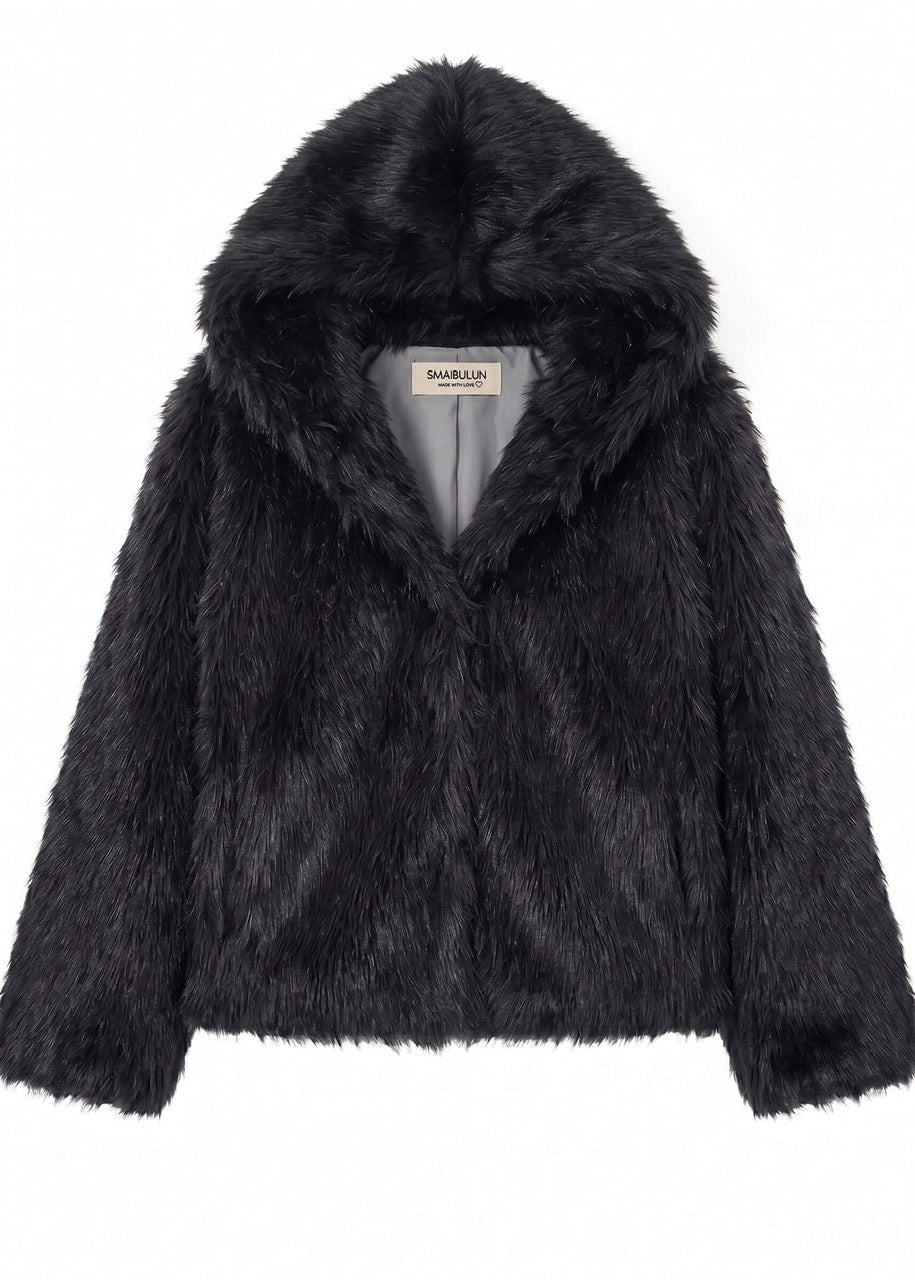 Fur Hooded Jacket  Black