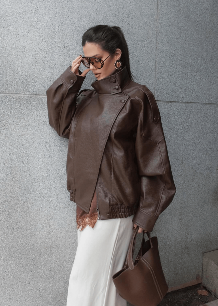 Funnel Neck Faux Leather Jacket