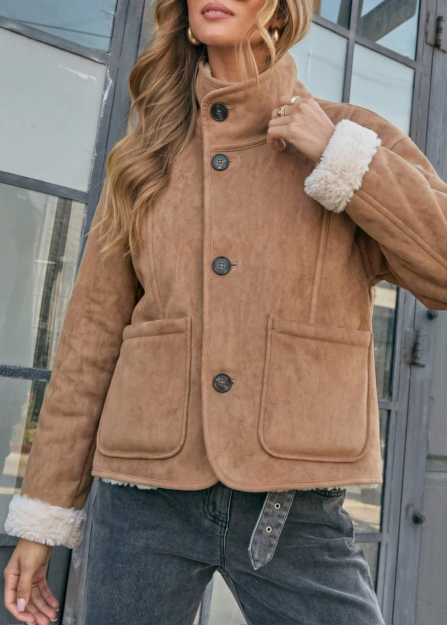 Two-Way Reversible Suede & Fur Funnel Neck Jacket