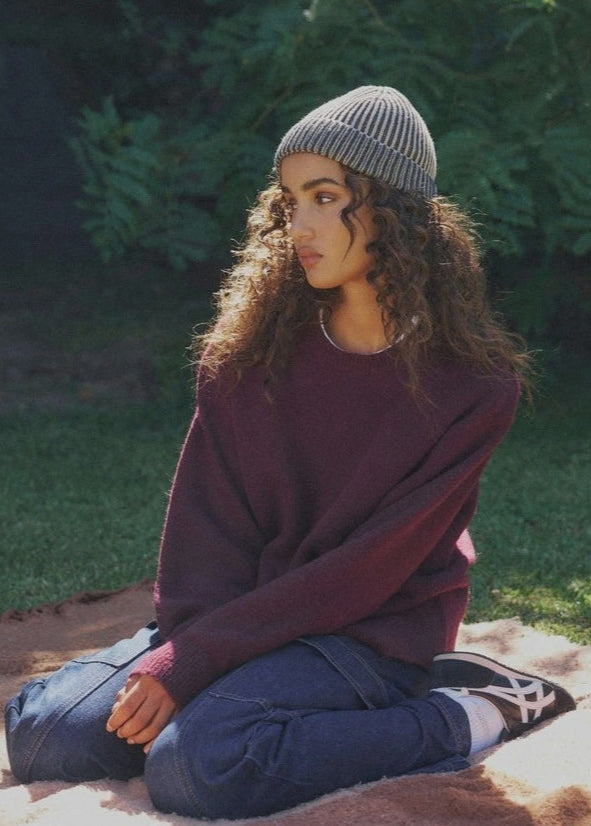 Arista Recycled-Polyester Ribbed Knit Beanie in Beige/Charcoal Black