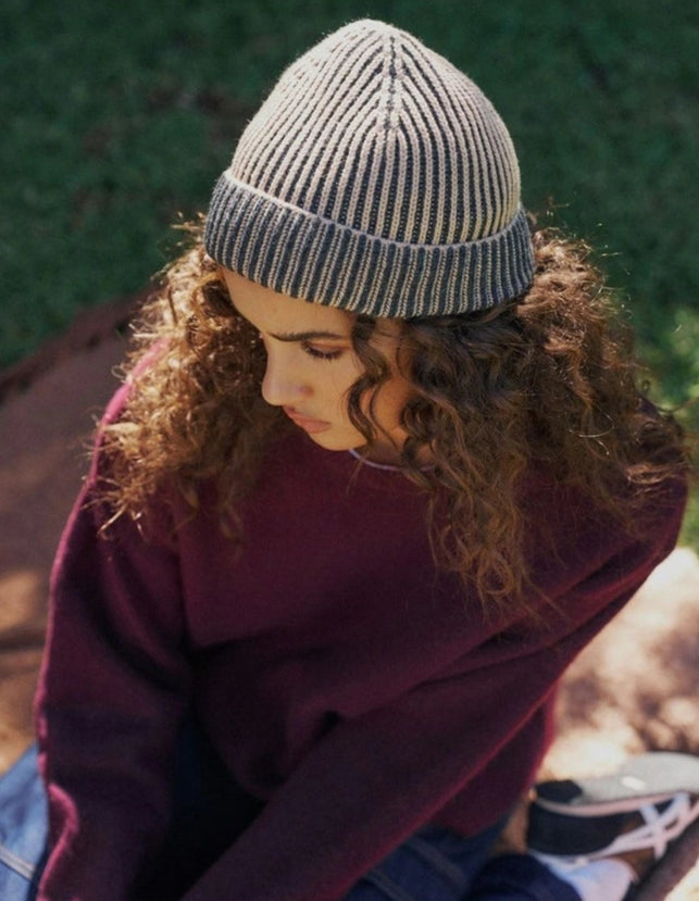 Arista Recycled-Polyester Ribbed Knit Beanie in Beige/Charcoal Black