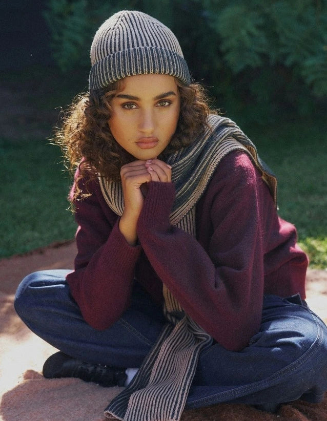Arista Recycled-Polyester Ribbed Knit Beanie in Beige/Charcoal Black