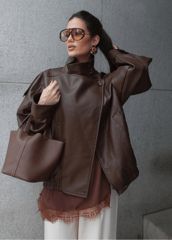 Funnel Neck Faux Leather Jacket