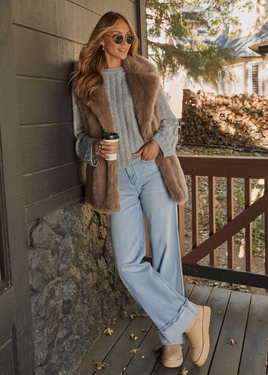 Faux Fur Sleeveless Vest Mocha