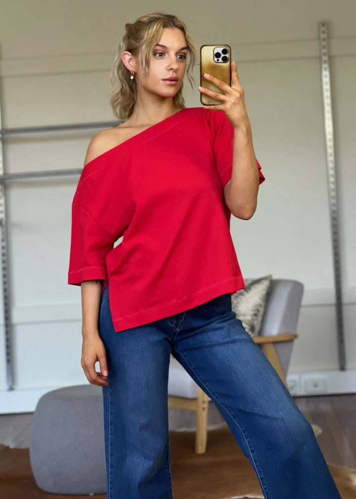 Jenna Boat Neck Tee  Red