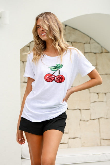 Sequin Cherry Tee White