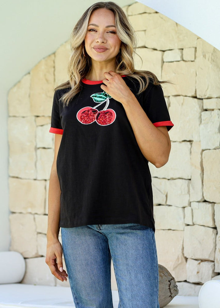 Cherry Sequin Tee Black