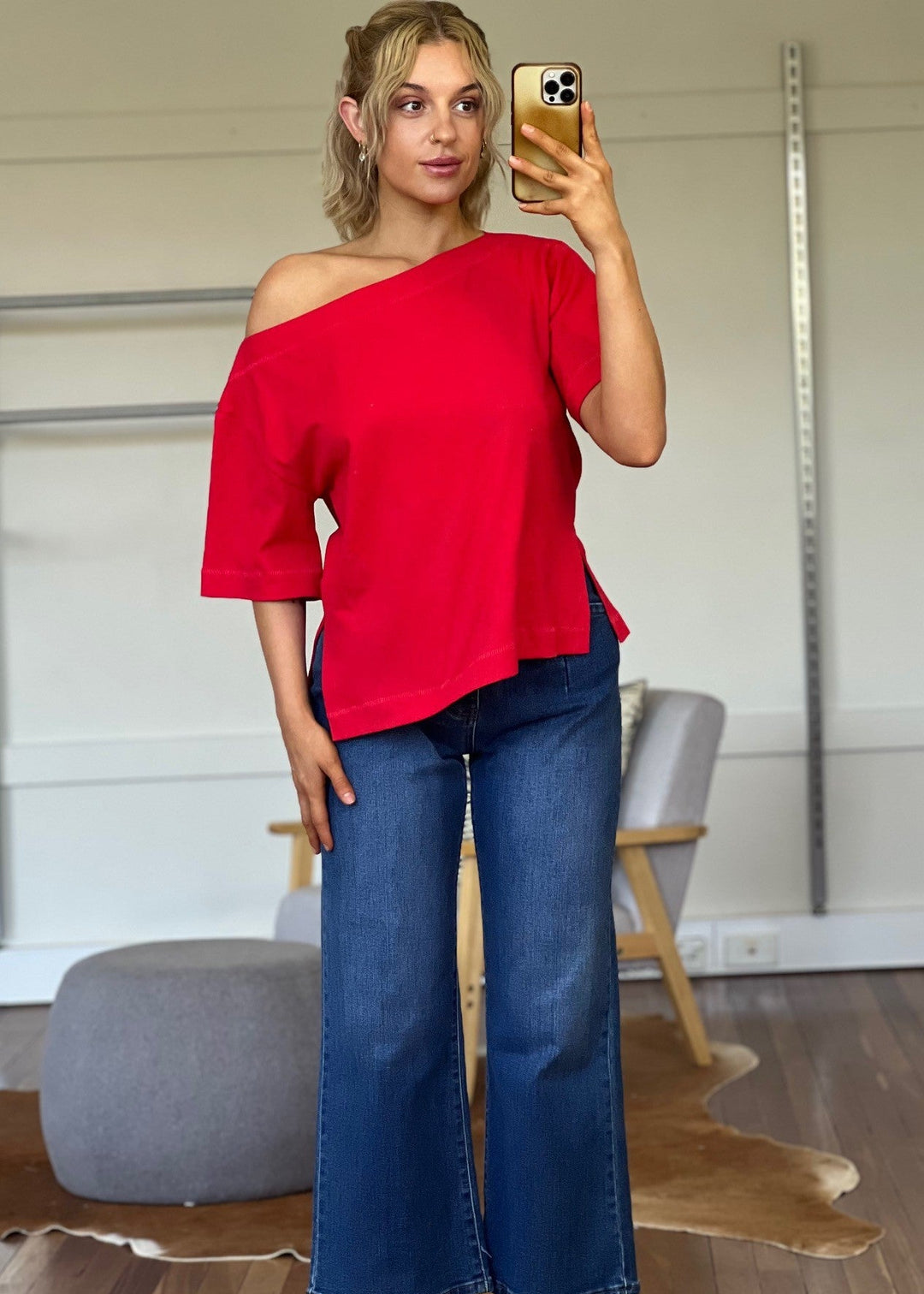 Jenna Boat Neck Tee  Red