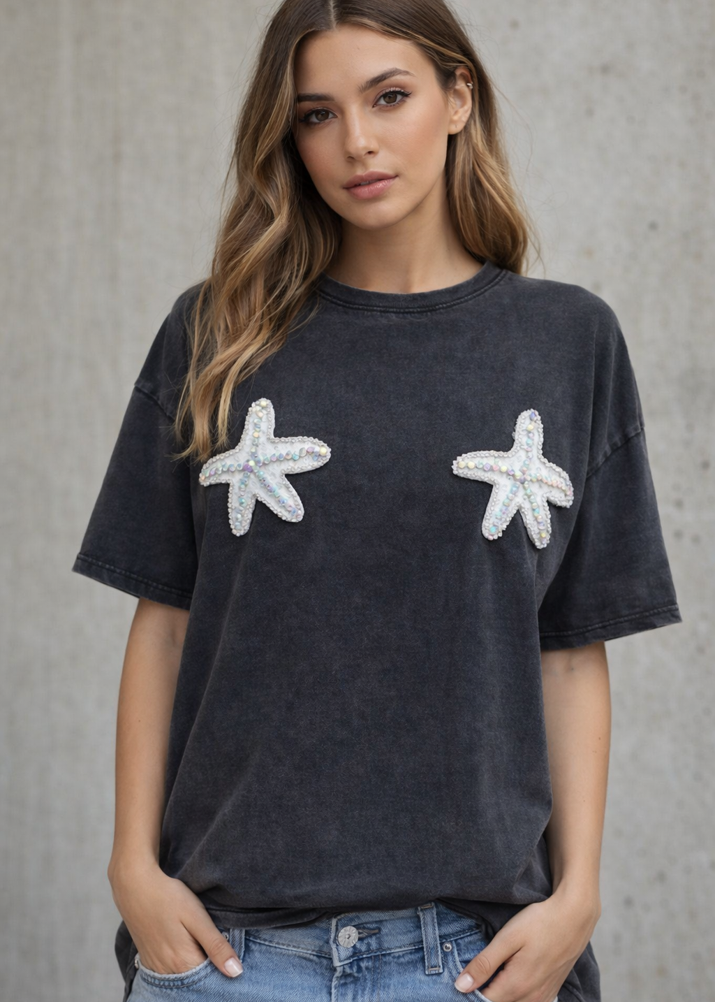 Starfish Sequin Tee Black Acid