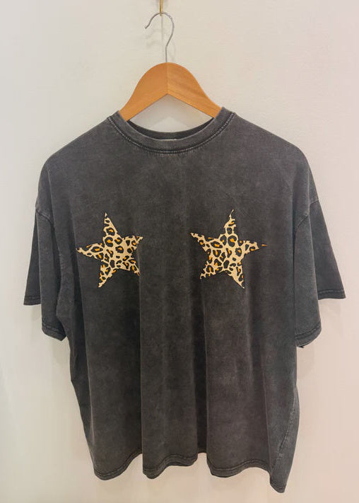 Leopard Star Black Acid Wash T-Shirt