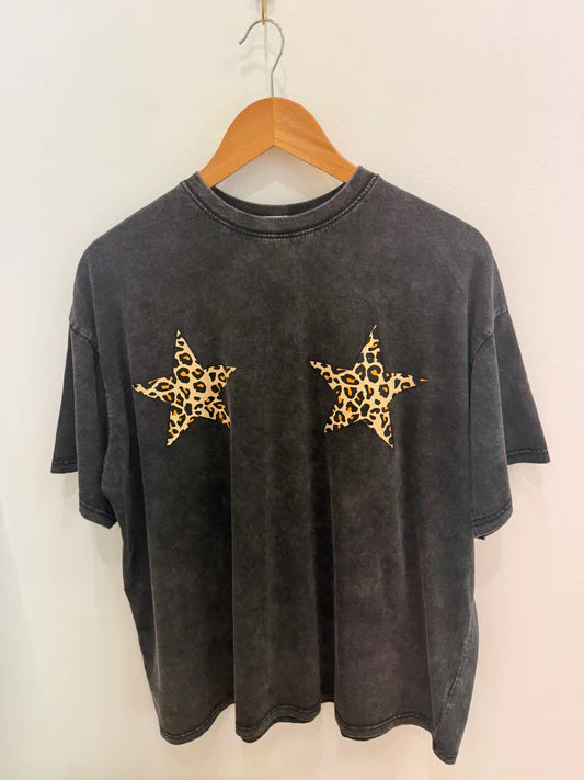 Leopard Star Black Acid Wash T-Shirt