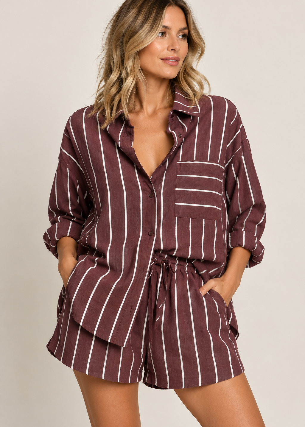 BY FRANKIE Pinstripe Shirt & Short Set  Chocolate