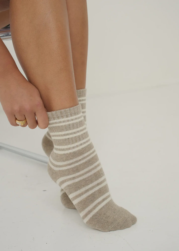 Latte Ribbed Stripe Socks  LATTE