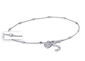 S/S Cable And Ball Anklet With White CZ Heart