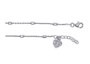 S/S Cable And Ball Anklet With White CZ Heart