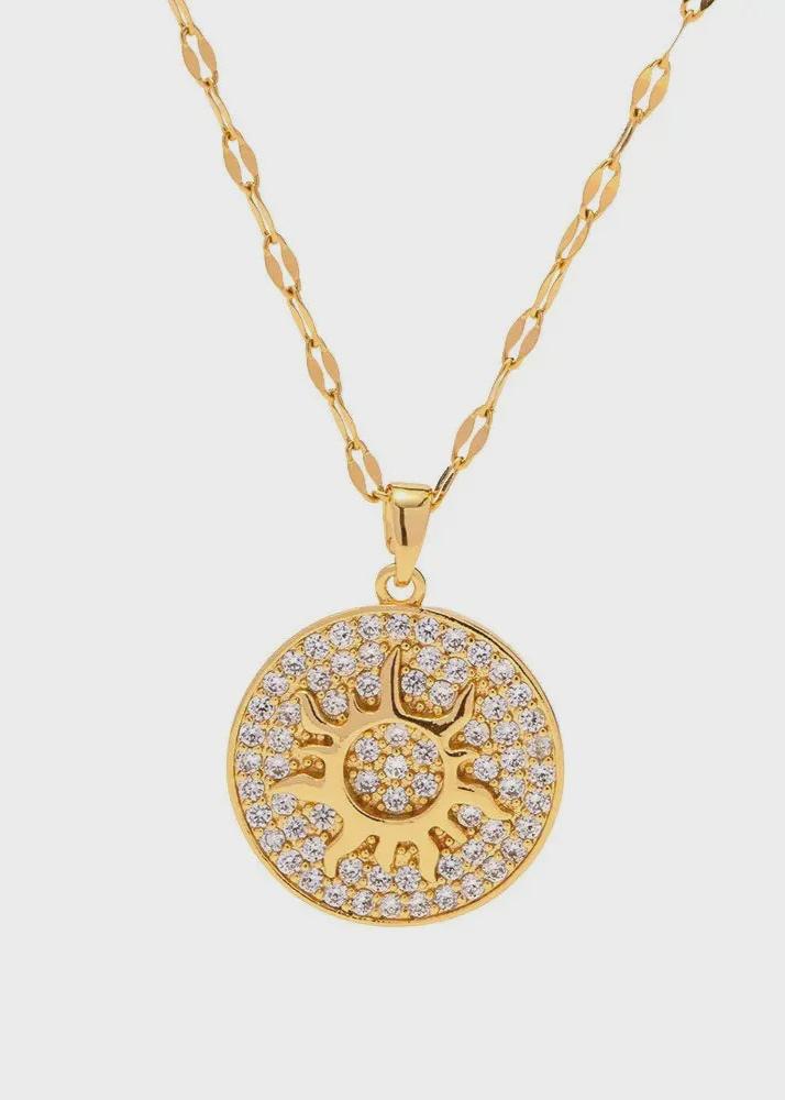 Boho & Mala Stainless Steel Gold Plated Necklace Sun Medallion CZ