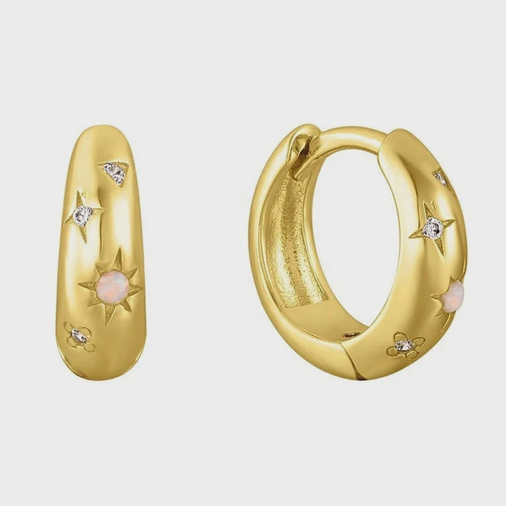 Boho & Mala Star Opal & CZ Hoop Huggies 18k Gold Plated Hoop Earring