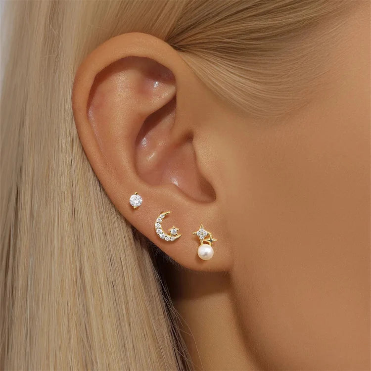 Boho & Mala Sparkle Star & Moon 18K Gold Plated  Stud Earrings