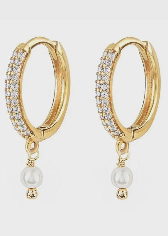 Boho & Mala Pearl Huggie CZ & Pearl 18k Gold Plated Hoop Earring