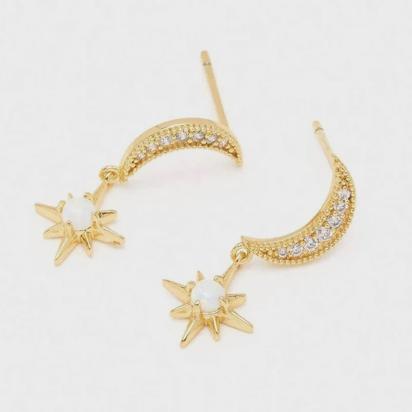 Boho & Mala Opal Stud Star & Moon 18k Gold Plated Hoop Earring