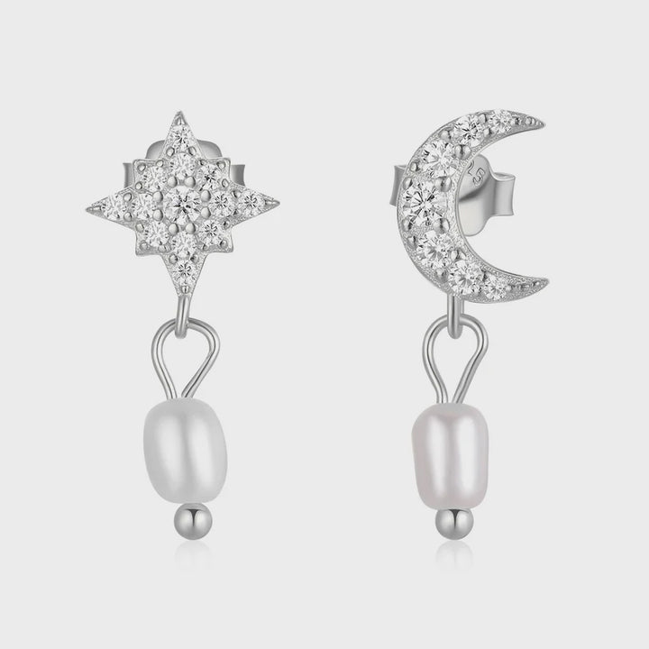 Boho & Mala Pearl Star & Moon Stud Sterling Silver Earrings