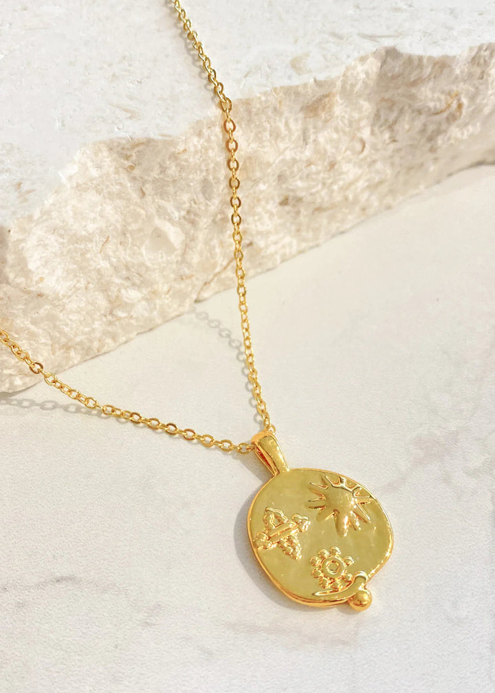 Ocean Coin Charm Matte 18K Gold Plated Necklace