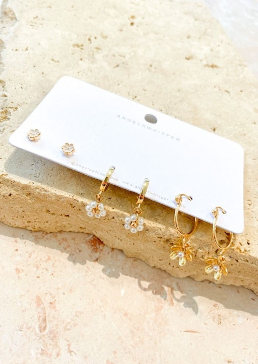 Daisy Pearl Trio Earrings Set