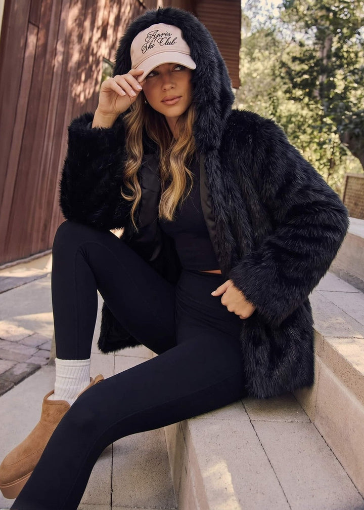 Fur Hooded Jacket  Black