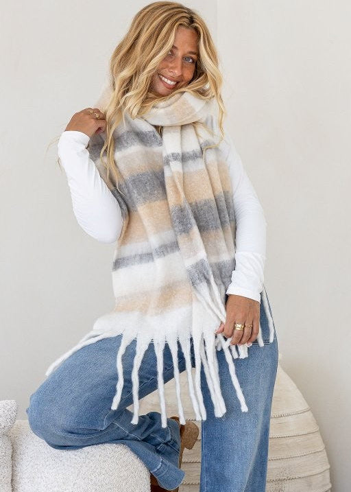 Free Spirit Fluffy Scarf  Cream Charcoal
