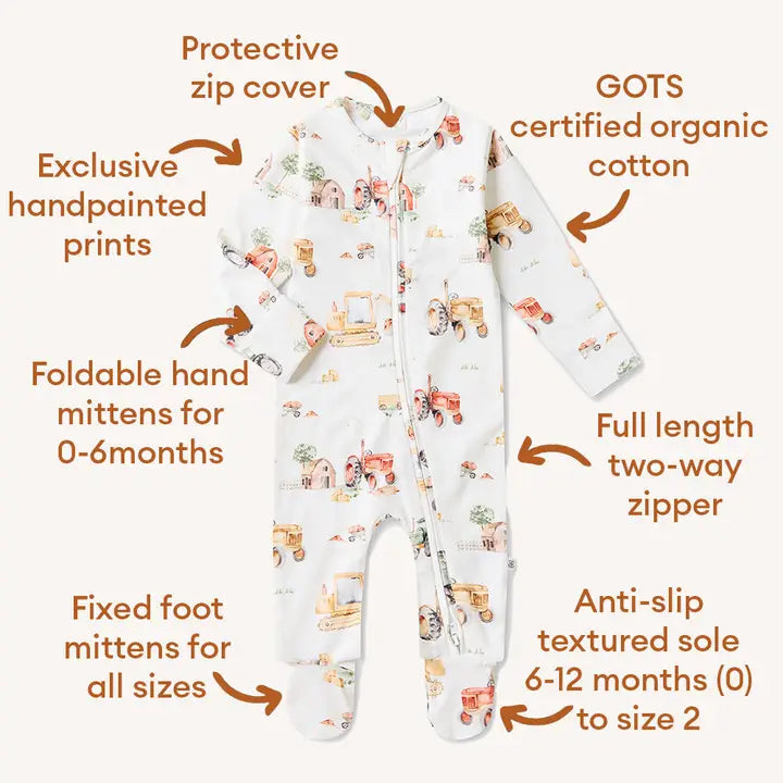 Diggers & Tractors Organic Snuggle Sleepsuit Zip Footie