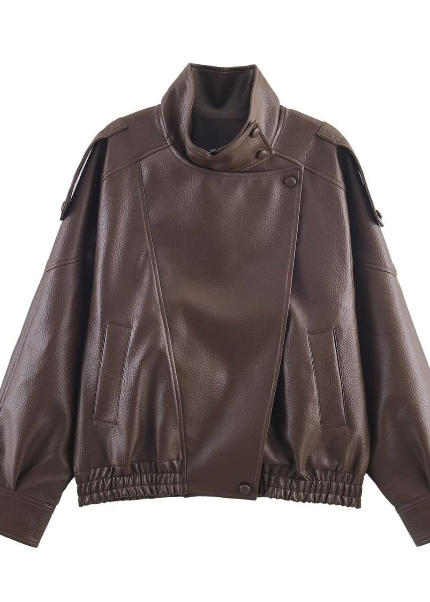 Funnel Neck Faux Leather Jacket