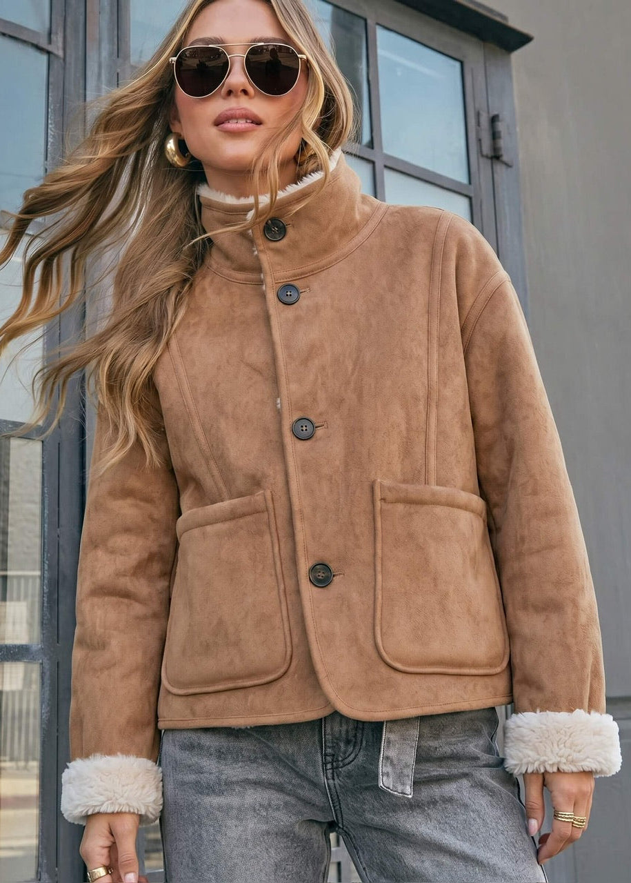 Two-Way Reversible Suede & Fur Funnel Neck Jacket