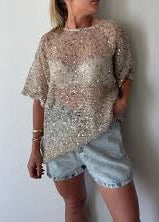 Sequins Knit Oversized Tee Beige