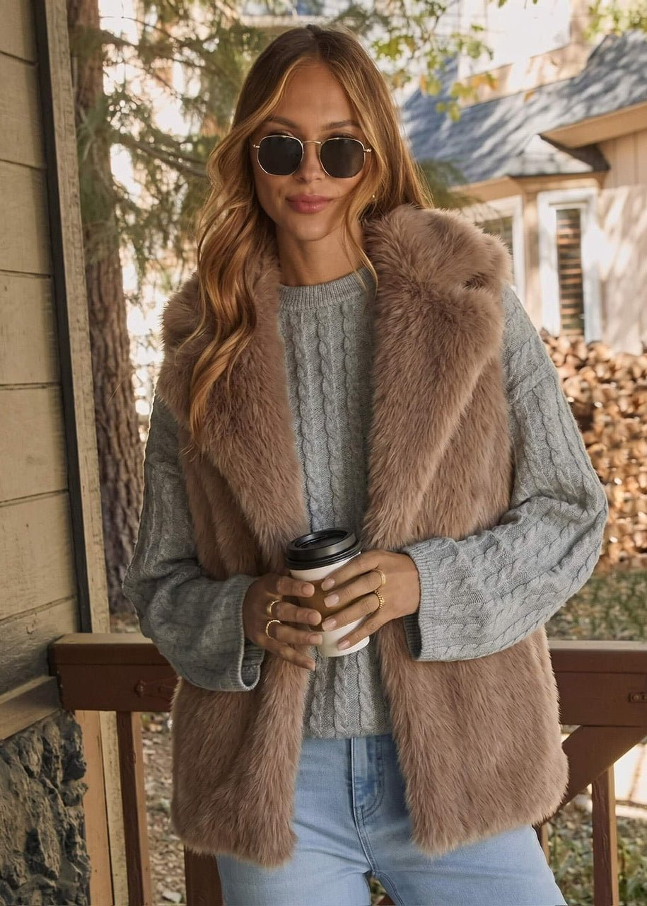 Faux Fur Sleeveless Vest Mocha