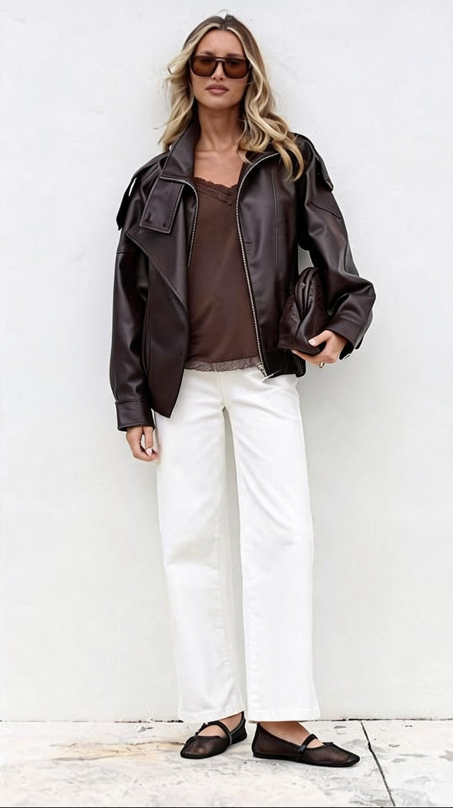 Funnel Neck Faux Leather Jacket