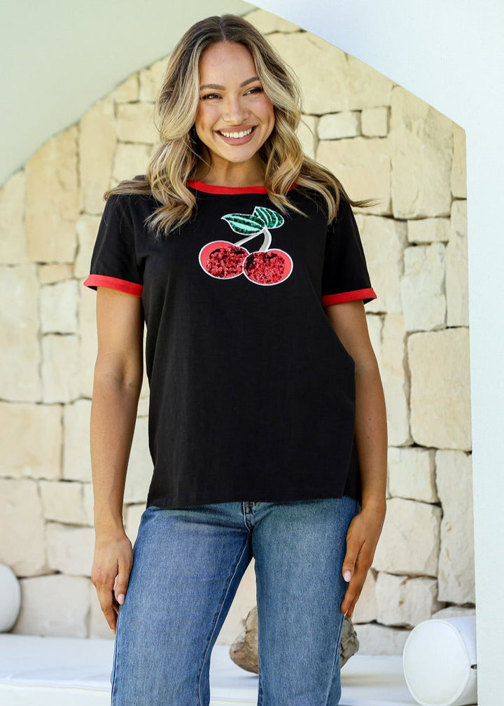 Cherry Sequin Tee Black