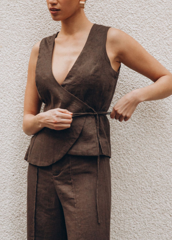 Camilla Front Seamed Linen Pant Chocolate