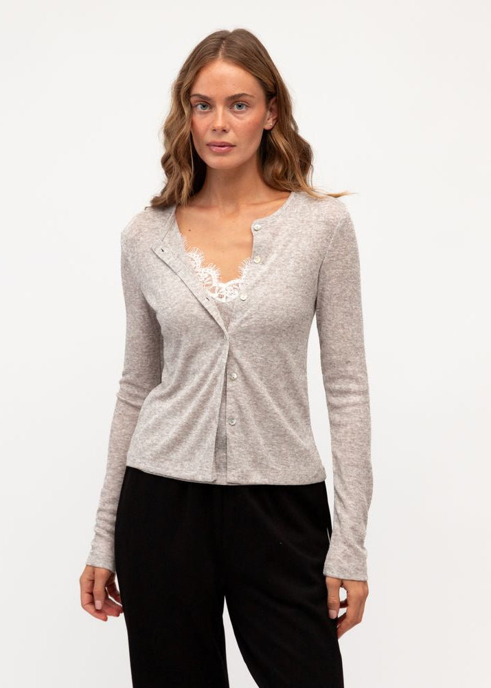 Layer Lace Trim Cardi Set Beige Marle