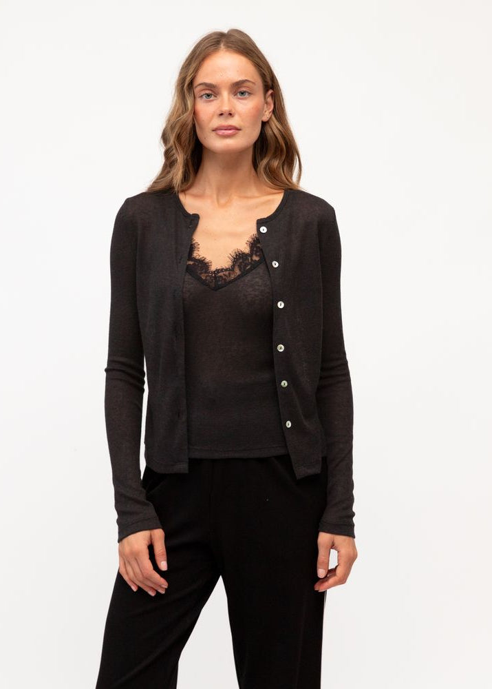 Layer Lace Trim Cardi Set Black