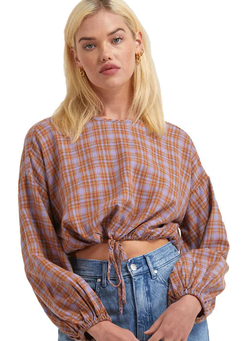 AFENDS Colby Hemp Check Cropped Long Sleeve Top